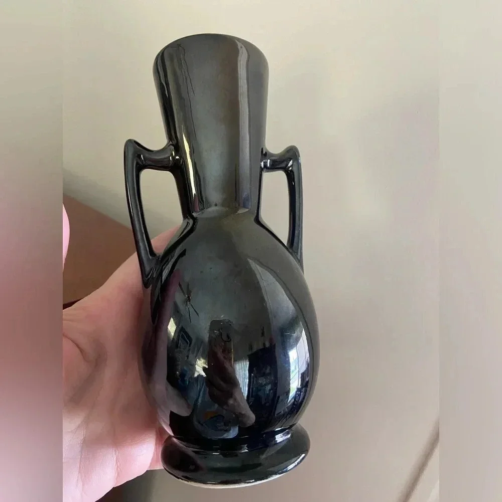 🩵 Black Glaze Pottery 2 Handle Vase with Hand painted Flowers